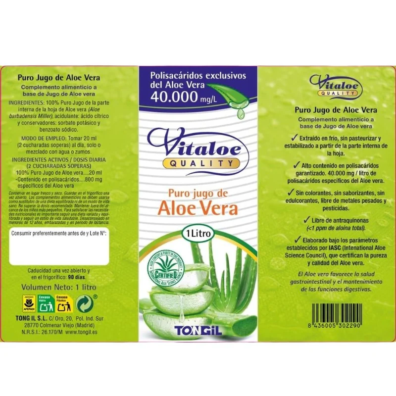 Vitaloe Jugo de Aloe Vera Ecologico 1 Litro | Tongil