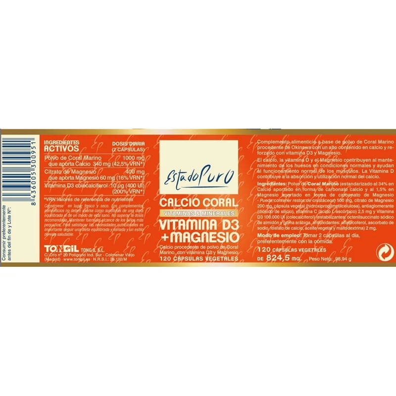 Estado Puro Calcio Coral Vitamina D3 Magnesio 120 Capsulas | Tongil