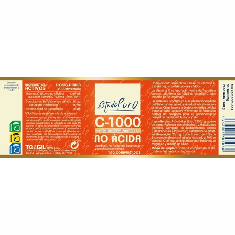 Estado Puro Vitamina C 1000 no Acida 100 Comprimidos | Tongil