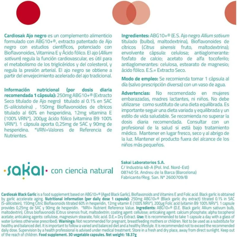 Cardiosak Ajo Negro 30 Capsulas | Sakai