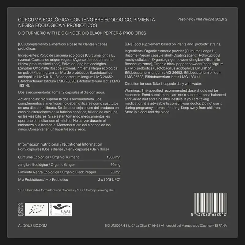Aldous Bio Cúrcuma Con Jengibre Y Pimienta Negra Con Probióticos, 2X250 Cápsulas