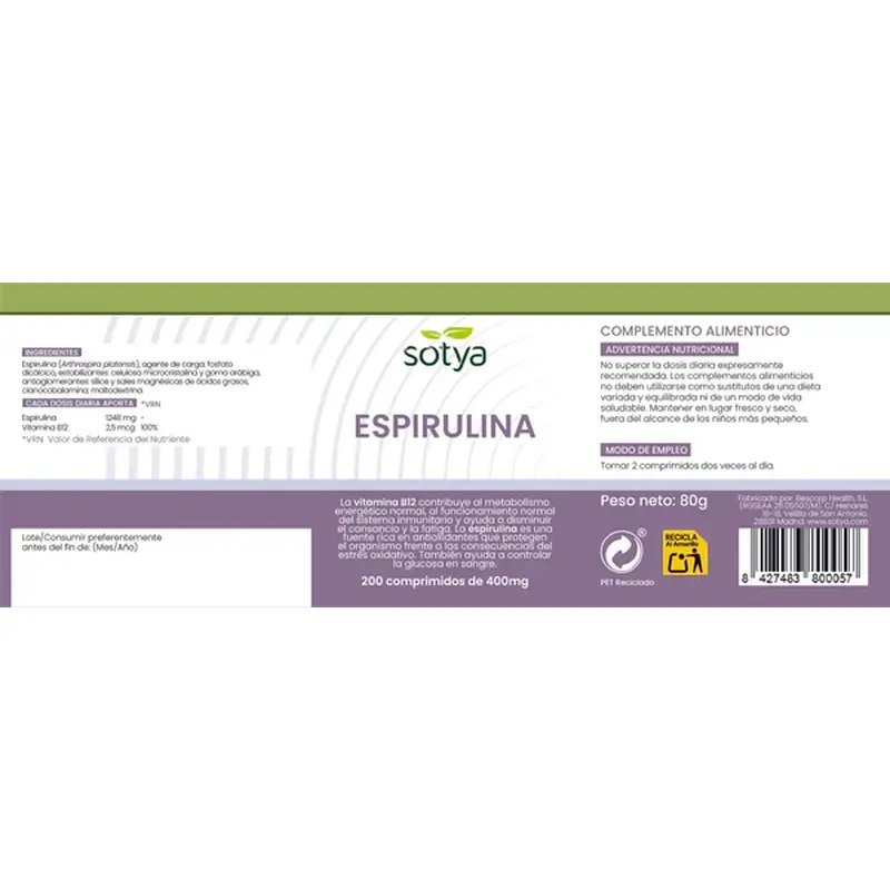 Sotya Espirulina + B12 400 Mg , 200 cápsulas