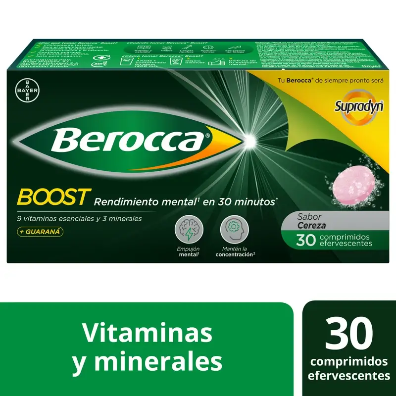 Berocca Boost Magnesio, Vitaminas y Minerales con Guaraná, 30 comprimidos Efervescentes